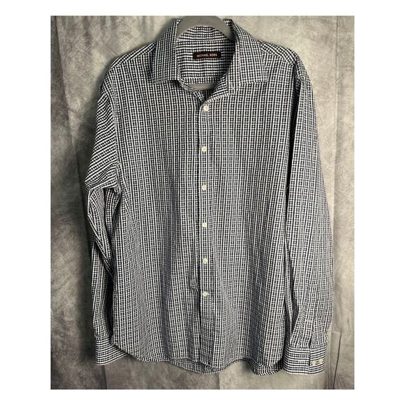 Michael Kors Men’s Navy Gingham Check Button Down Shirt Long Sleeve Size 34/35 - Picture 2 of 7